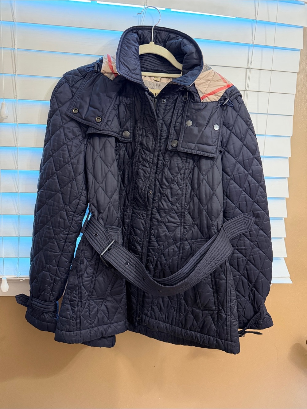 Burberry Navy Quilted Belted Jacket with Check Hood Trim